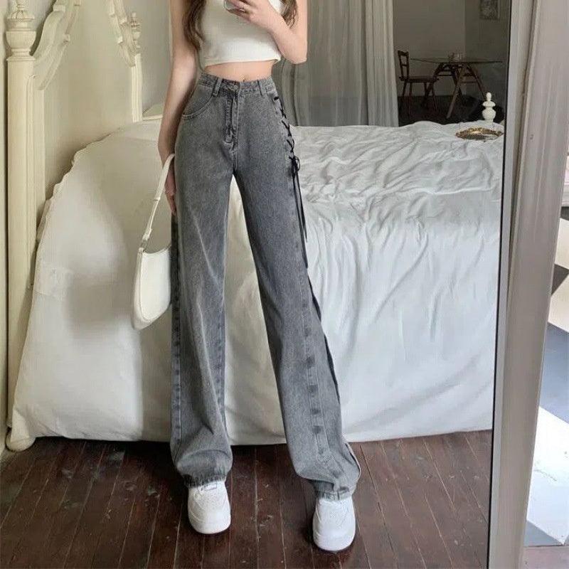 レースアップウォッシュドワイドデニム ダークグレー 商品画像3