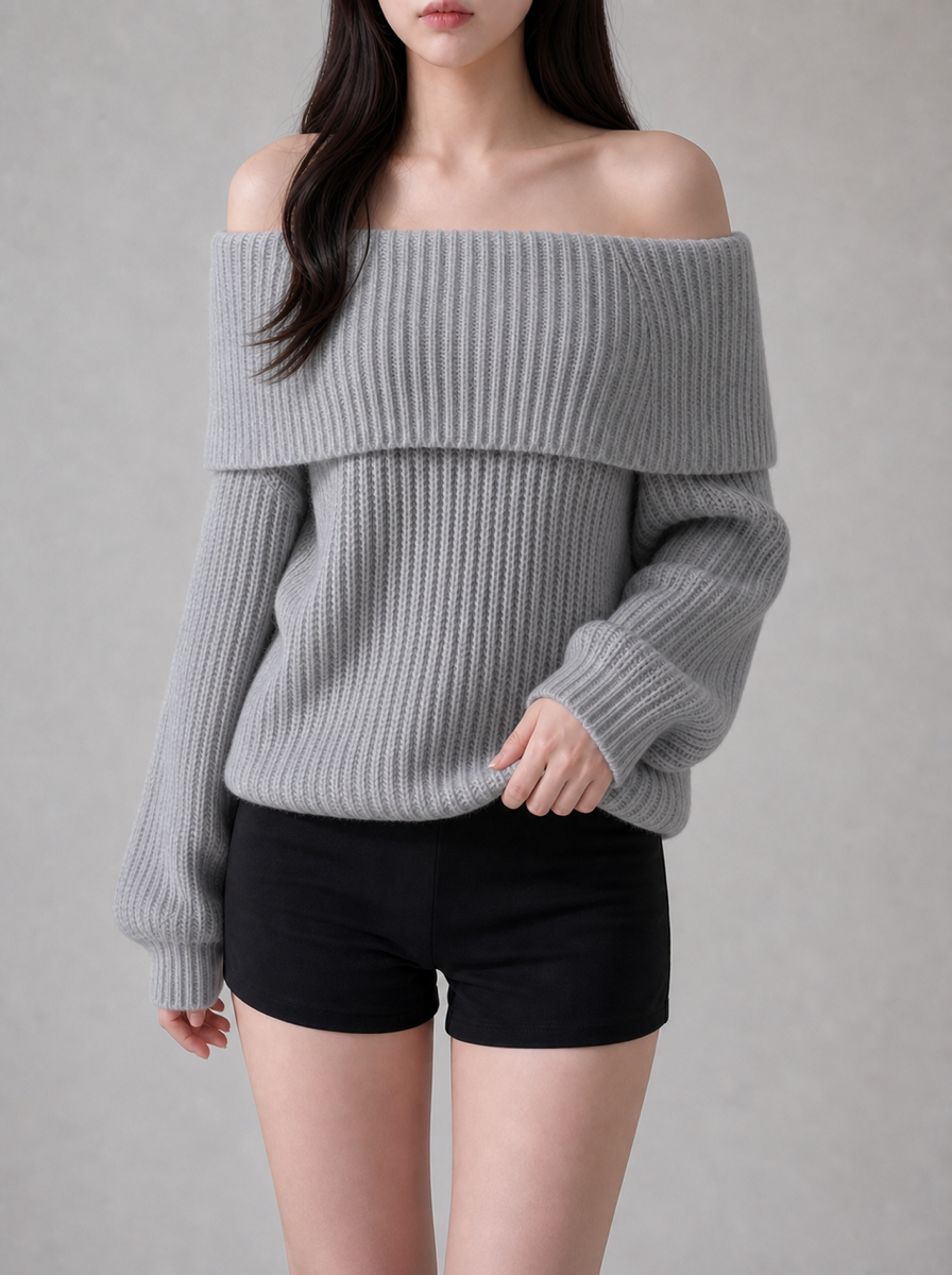 ルーズオフショルダーリブニット グレー メイン画像