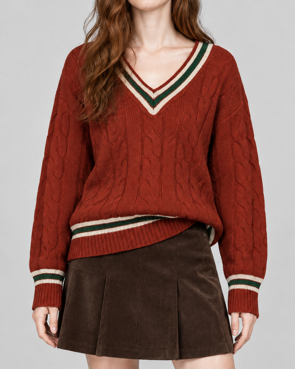 トリムラインケーブルVネックニット ワインレッド メイン画像