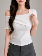 ワンショルダードレープリブTシャツ