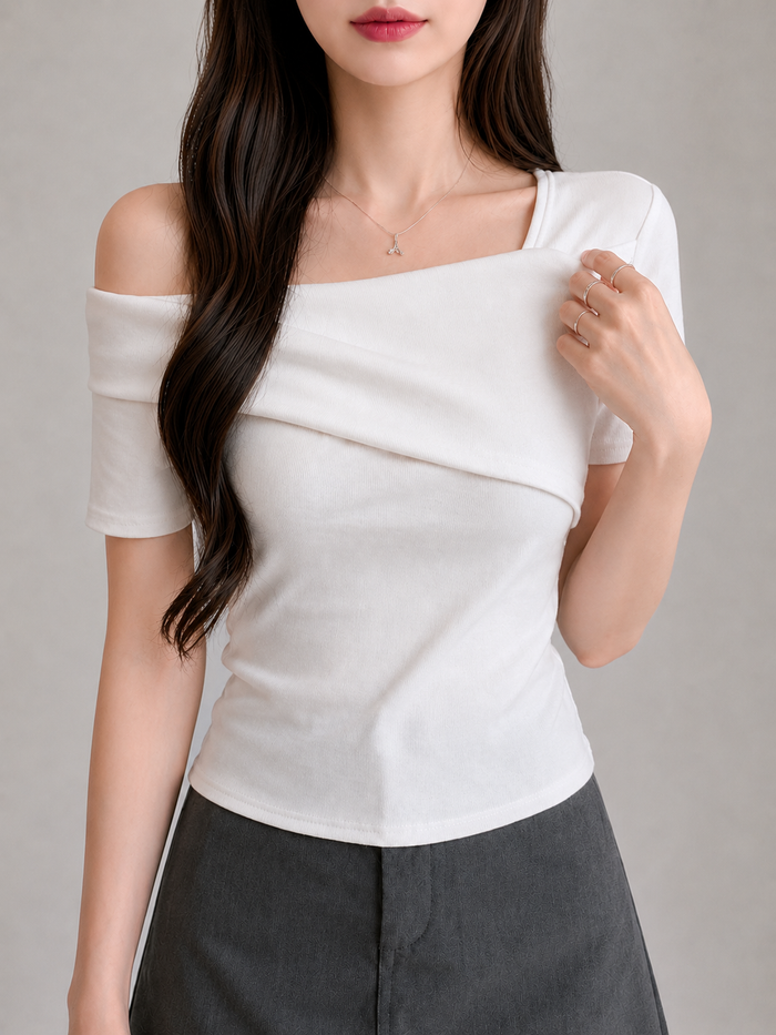 ワンショルダードレープリブTシャツ