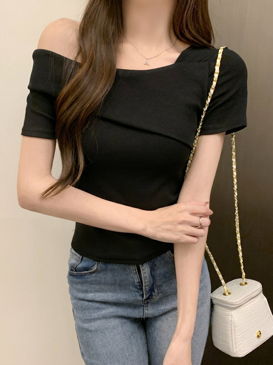 ワンショルダードレープリブTシャツ