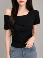 ワンショルダードレープリブTシャツ