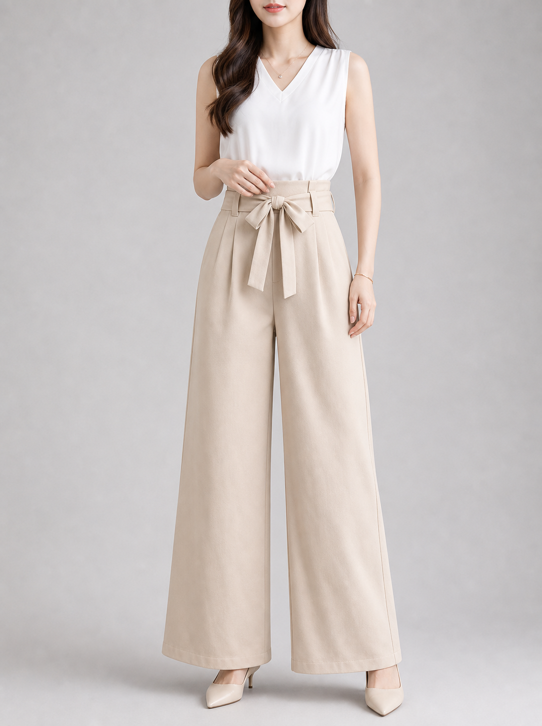 ハイウエストツイルワイドパンツ ベージュ メイン画像