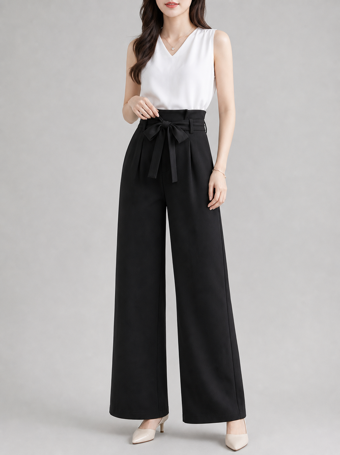 ハイウエストツイルワイドパンツ ブラック メイン画像