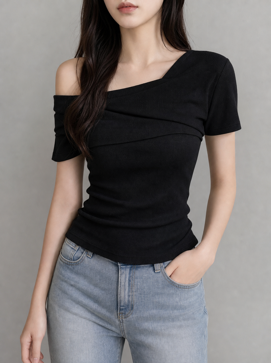 ワンショルダードレープリブTシャツ ブラック ギャラリー表示用